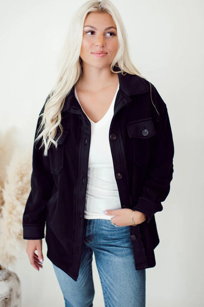 Cozy Chic Women's Black Fleece Shacket with Button Down Closure and Trendy Patchwork Design, Perfect for Fall Fashion