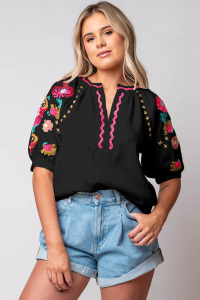 Chic Women's Black Floral Embroidered Puff Sleeve Blouse with Textured Fabric - Elegant Top for Any Occasion
