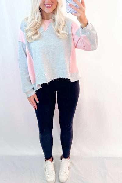 Women's Casual Light Grey Colorblock Sweatshirt with Raw Edge - Comfy and Stylish Top for Everyday Outfits