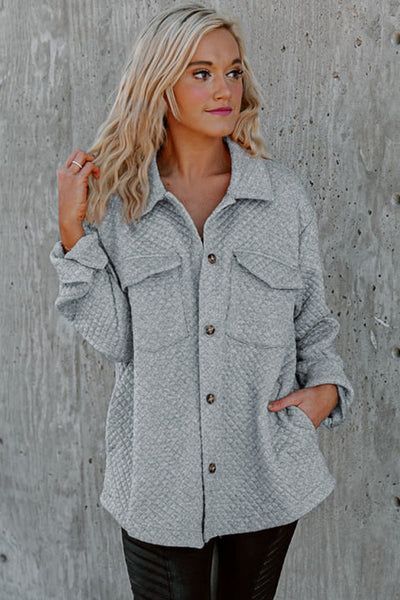 Women's Gray Retro Quilted Shacket with Pockets - Trendy Button-Up Jacket for Chic Layered Style and Comfort made for easy styling and wardrobe