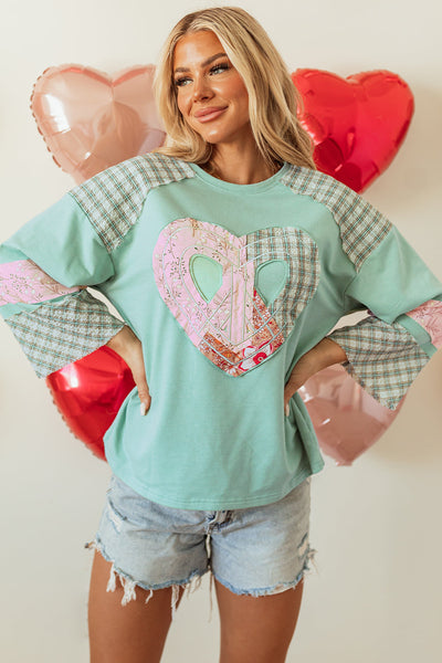 Women's Aqua Plaid Floral Graphic Long Sleeve Top with Peace Heart Design - Stylish Casual Comfort for Everyday Wear