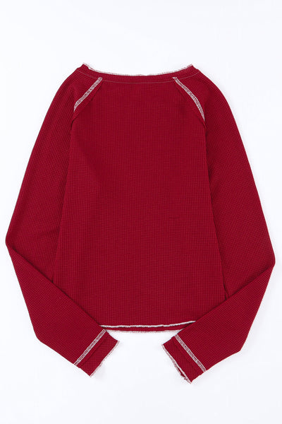 Women's Fiery Red Textured Long Sleeve Blouse - Casual Round Neck Top for Effortless Everyday Chic