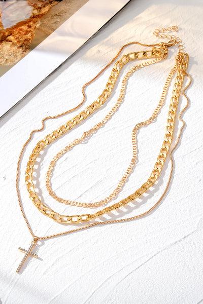 Women's 18K Gold Plated Triple-Layered Cross Pendant Necklace Set