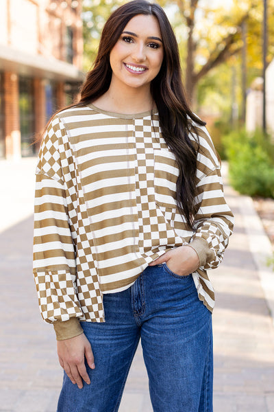 Trendy Women's Khaki Checkerboard Patchwork Blouse with Lantern Sleeves and Pockets for Effortless Style