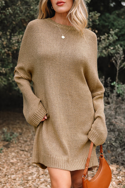 Women's Pale Khaki Oversized Knit Sweater Dress with Exposed Seams