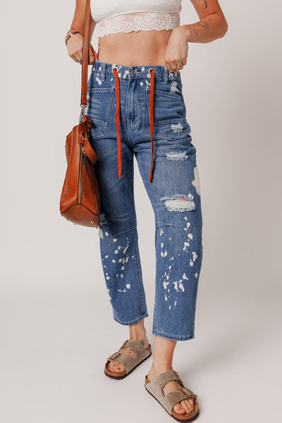Women's Ashleigh Blue Ripped Cropped Straight Jeans with Splatter Paint and Rope Waist for a Trendy Casual Look