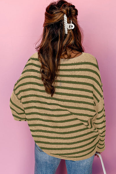 Women's Cozy Khaki Striped Drop Shoulder Sweater - Casual Chic Style for Everyday Comfort and Versatile Wear
