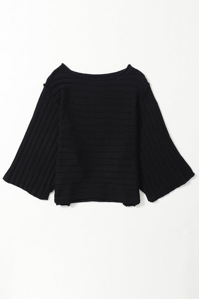 Stylish Women's Black Ribbed Dolman Top with Exposed Seams - Comfortable Everyday Wear for Effortless Chic