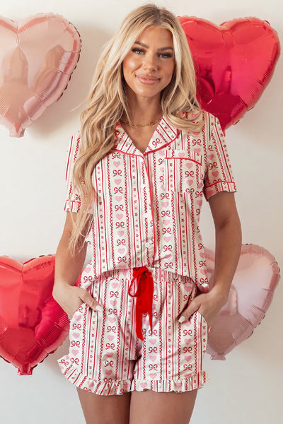Women's Red Heart Flower Print Pajama Set with Sweet Bow Detail - Cute 2-Piece Short Sleepwear for Relaxed Nights