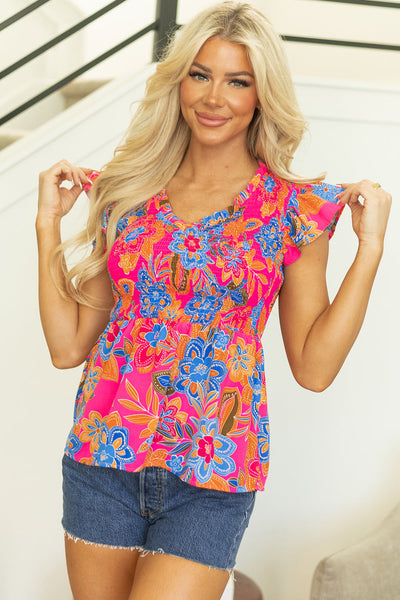 Women's Stylish Floral Print Blouse in Rose Red with Smocked Ruffle Trim and Flutter Sleeves for a Comfortable Fit