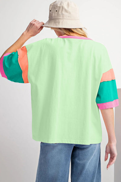 Women's Oversized Lime Green Colorblock Top with Contrast Stitch