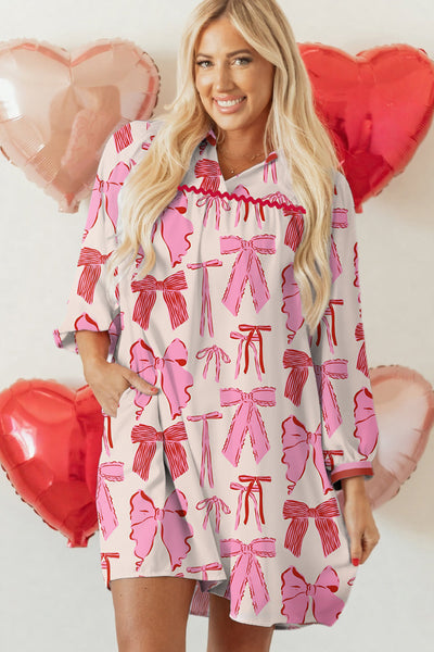 Women's Pink Bow Print Mini Dress with Contrast Trim, V-Neck, Long Sleeve, Casual Shift Style for Effortless Chic