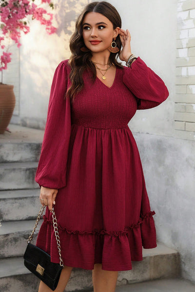 Plus Size Women's Red Dahlia V-Neck Midi Dress with Long Sleeves, Ruffle Hem & Shirred Detail for Effortless Elegance