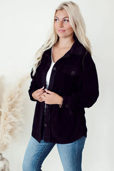 Cozy Chic Women's Black Fleece Shacket with Button Down Closure and Trendy Patchwork Design, Perfect for Fall Fashion