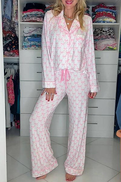 Cozy Women's Bow Print Cotton Pajama Set Stylish Sleepwear for Relaxed Nights and Comfortable Lounging