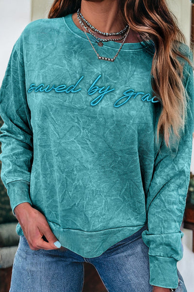 Women's Sea Green Mineral Wash 'Saved by Grace' Cotton Sweatshirt