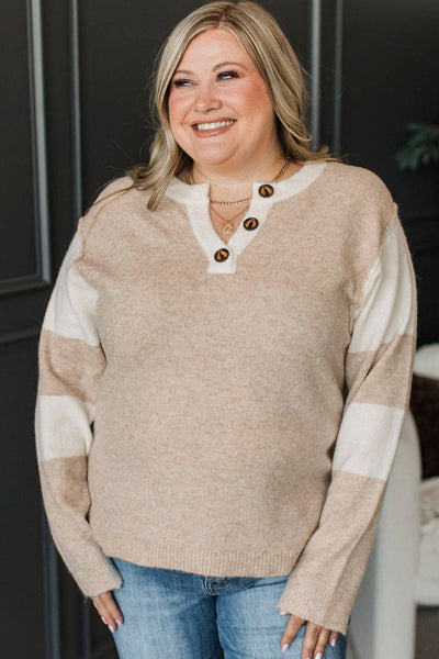 Plus Size Women's Stylish Color Block Sweater in Parchment with Buttoned Notched Neck and Trendy Long Sleeves