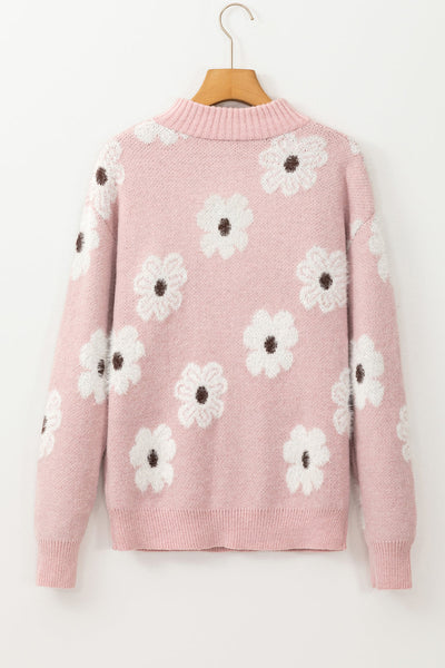 Cozy Women's Pink Floral Half Zip Sweater with Drop Shoulder - Trendy Casual Style for Spring and Summer Wear