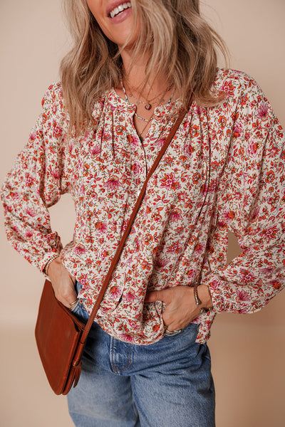 Elegant Women's Red Floral Blouse - Lightweight Short Sleeve Top with Feminine Touch for Casual and Dressy Events