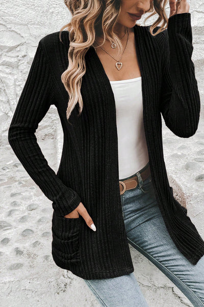 Stylish Women's Black Ribbed Knit Cardigan with Pockets - Comfortable Open Front Layer for Versatile Outfits