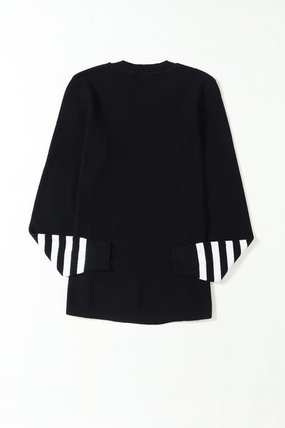 Chic Women's Black Knit Sweater with Striped Sleeves - Cozy Fashion for Fall and Winter, Perfect for Casual Outings