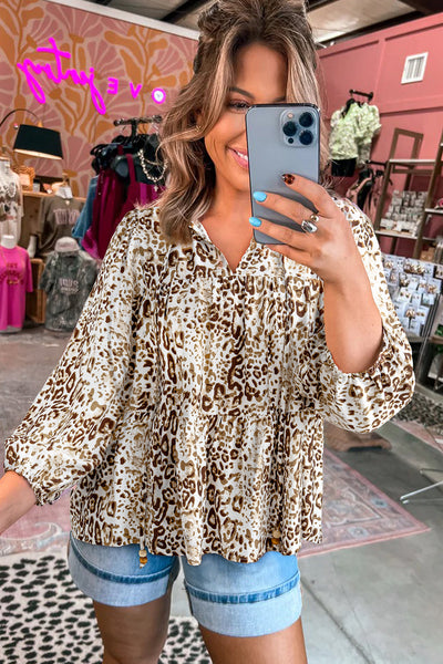 Chic Women's Khaki Leopard Print Long Sleeve Blouse with Beaded V-Neck Tie - Perfect for Casual or Dressy Occasions