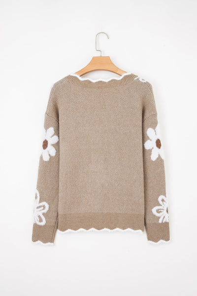 Women's Scalloped V-Neck Sweater in Soft Knit - Elegant Casual Top for Effortless Style and Comfort