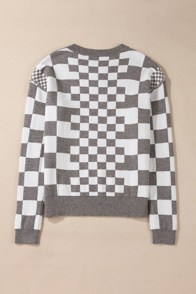 Cozy Gray Checkered Drop Shoulder Sweater for Women - Chic Round Neck Knit Top for Effortless Casual Style