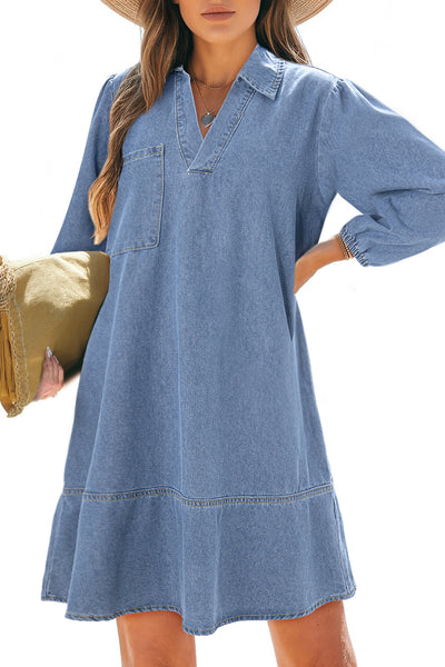 Stylish Women's Beau Blue Denim Dress with V-Neck, Collared Long Sleeves, and Chic Chest Pocket for Effortless Elegance