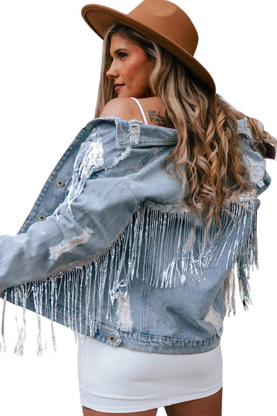 Women's Sky Blue Sequin Fringe Distressed Denim Jacket