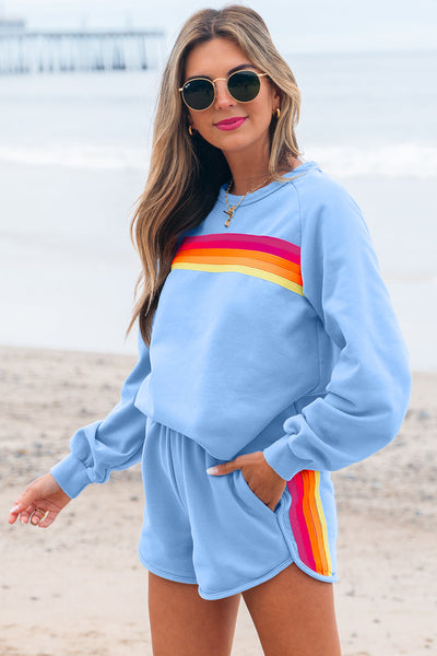 Chic Beau Blue Casual Two-Piece Set for Women - Trendy Pullover and Stylish Shorts with Fashionable Accents