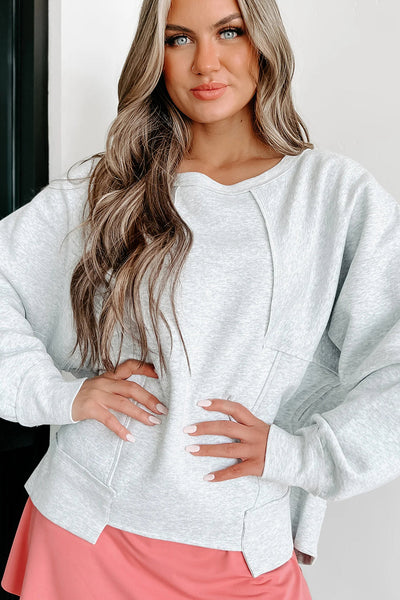 Women's Light Grey Oversized Casual Sweatshirt with Unique Patch Detail & Asymmetrical Hem for Everyday Comfort