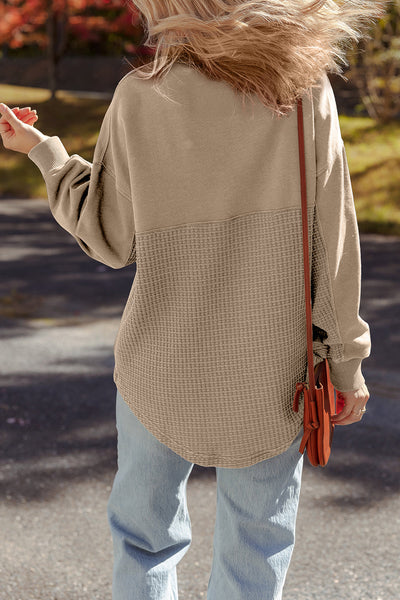Women's Cozy Parchment Waffle Knit Half-Zip Sweatshirt - Stylish Patchwork Design for Effortless Casual Chic