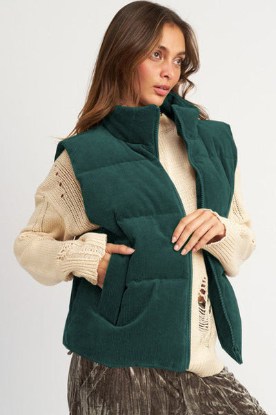 Chic Women's Jungle Green Corduroy Puffer Vest with Stand Collar and Zipper  Cozy Layer for Trendy Fall Looks