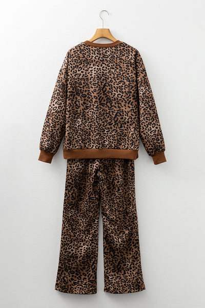 Stylish Women's Coffee Leopard Print Long Sleeve Top and Pants Set - Cozy Contrast Trim Loungewear Ensemble