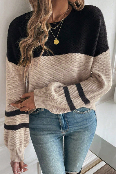 Cozy Parchment Color Block Sweater for Women with Striped Sleeves Effortless Casual Chic Knitwear for Any Occasion
