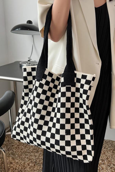 Women's Black and White Checkered Knit Shoulder Tote Bag