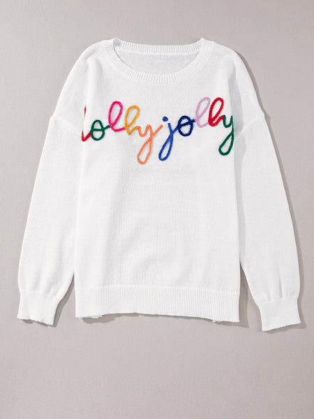 Holly Jolly White Round Neck Casual Sweater