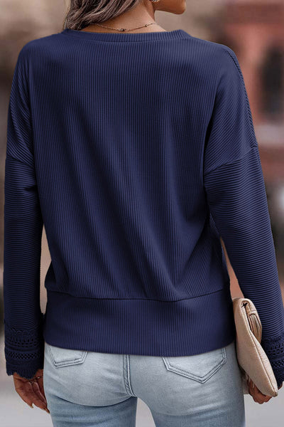 Stylish Women's Blue Ribbed Long Sleeve V-Neck Top with Lace Trim for Comfortable Everyday Wear