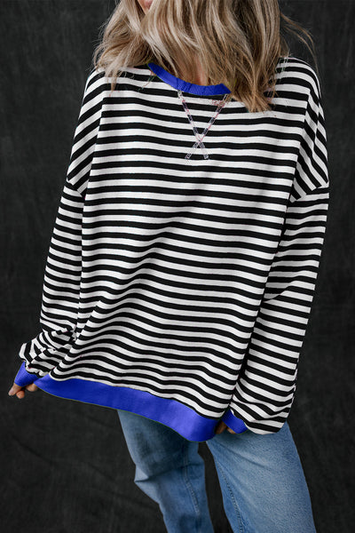 Cozy Women's Black Striped Oversized Sweatshirt with Contrast Trim - Perfect for Casual Days and Effortless Style