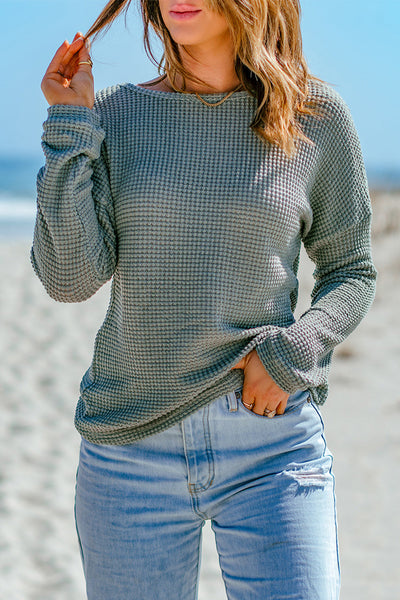 Women's Cozy Green Waffle Knit Long Sleeve Top with Drop Shoulders Casual Chic Style for Effortless Everyday Wear