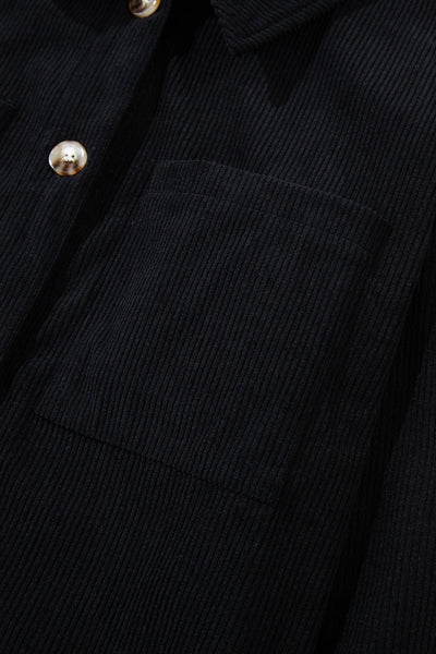 Stylish Women's Black Corduroy Hooded Shacket with Drawstring and Pockets - Perfect Casual Layering for Every Season