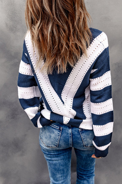 Cozy Women's Blue Striped Colorblock V-Neck Knit Sweater Perfect for Casual Chic Looks and Everyday Comfort