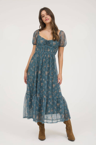 Twilight Garden Dress | Chiffon Puff Sleeve Midi Dress