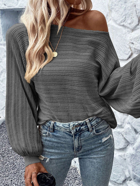 Elegant Dark Grey Eyelet Textured Knit Sweater with Lantern Sleeves