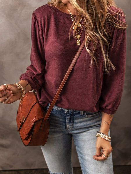 Crimson Dahlia Elegant 3/4 Sleeve Crew Neck Blouse