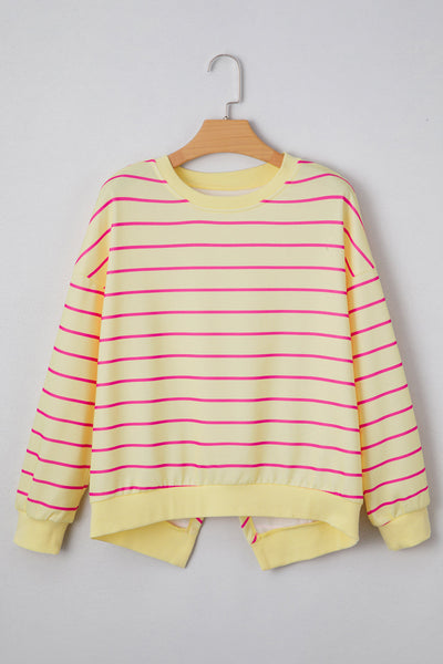 Trendy Plus Size Women's Yellow Stripe Sweatshirt with Split Back & Drop Shoulders for Ultimate Comfort and Style