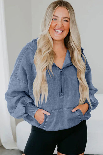 Women's Cozy Ashleigh Blue Mineral Wash Baggy Hoodie with Half Zip & Kangaroo Pocket - Casual Chic Comfort Wear