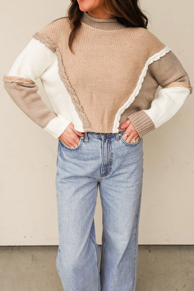 Women's Cozy Khaki Color Block Knit Sweater with Braided Trim Stylish Casual Patchwork Design for Everyday Wear
