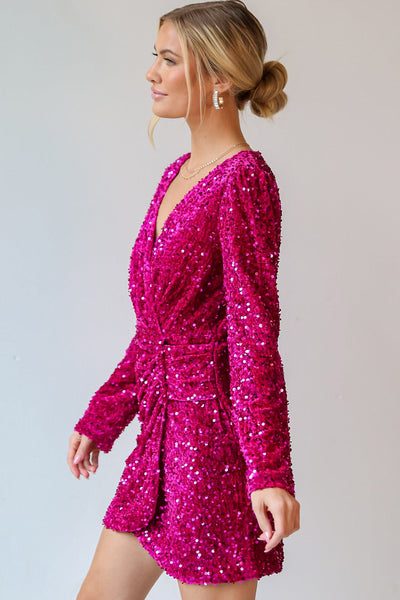 Women's Chic Pitaya Pink Velvet Sequin Long Sleeve V-Neck Mini Dress for Women Elegant Party Wear with Wrap Design made for easy styling and wardrobe